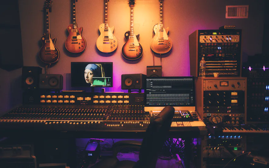 Sala de un estudio musical con guitarras y mesa de mezclas
